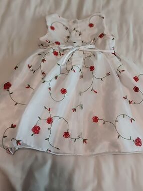 White Girls' Floral Embroidered Dress with Red Roses